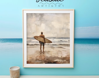 May include: A framed painting of a person standing on a beach with a surfboard under their arm. The painting is in a muted color palette of browns, grays, and blues. The person is facing away from the viewer, looking out at the ocean. The ocean is a light blue color and there are waves in the distance. The sky is a light gray color with some clouds. The painting is framed in a light wood frame.