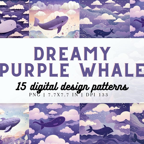 Dreamy Purple Whales in the Clouds Digital Design Pack - 15 Whimsical, Ethereal Patterns for Digital Projects, Prints, etc.- High Quality