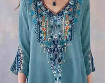 Embroidery Top Long Sleeve Teal Embroidery Flowers Shirt Embroidery Blouse Vacation Top Summer Embroidery Shirt boho