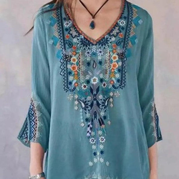 Embroidery Top Long Sleeve Teal Embroidery Flowers Shirt Embroidery Blouse Vacation Top Summer Embroidery Shirt boho