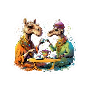 Camel Sticker Tea Party Whimsical Animal Gathering Decal Colorful Desert Animal Sticker Unique Art Decal Gift Idea for Teen Laptop Sticker
