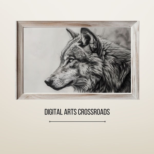 Samsung Frame TV Art, Wolf Monochrome Drawing,  Animal Lover TV Frame Art, Black and White Wolf TV Art, Wildlife Digital Art