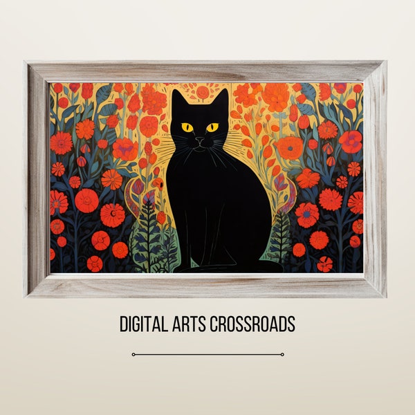 Frame Tv Art Mystical Midnight Cat Amidst Bloom Painting, Samsung Frame Tv Art, Floral Frame Tv Art, Black Cat TV Frame, Flowers Digital Art