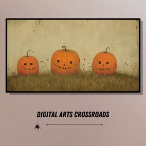 May include: Three orange pumpkins with carved faces, arranged in a row on a grassy field. The pumpkins are in front of a vintage-style background.