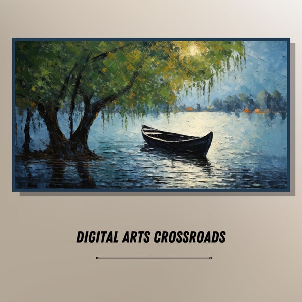 Solitary Boat Impressionist Art for Samsung Frame TV, Serene River Under Weeping Willow, Rowboat at Midnight Painting Tranquil Landscape Art