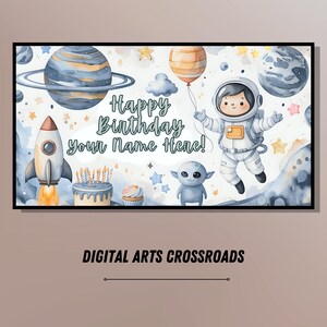 Arte de cumpleaños con marco para televisor Samsung, feliz cumpleaños, tema espacial, astronautas y planetas, decoración de fiesta con marco para televisor, lindo espacio exterior para televisor Samsung
