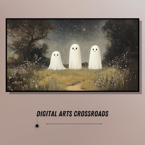 Fantasmas lindos bajo el arte de la noche estrellada para Samsung Frame TV, arte caprichoso de Halloween, decoración espeluznante, arte de televisión del bosque encantado, arte de televisión de espíritu juguetón