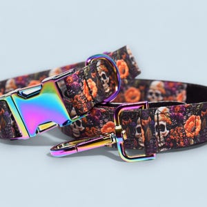 Handmade Boho flowers & skulls Dog Collar/Lead/leash/set – Adjustable Pet Accessory with Rainbow Buckle, Christmas Gift, Dog Lover Gift