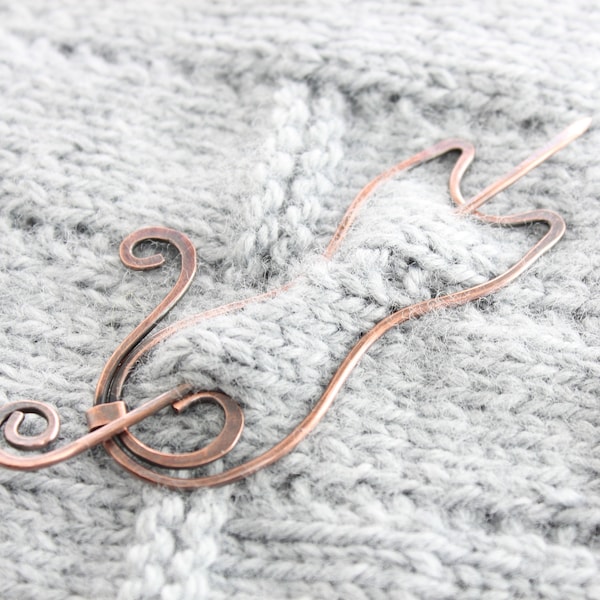 Copper Cat Shawl Pin: Antique Finish Cardigan Clasp