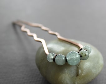 Aquamarine Hair Fork: Zigzag Copper Gemstone Hair Pin