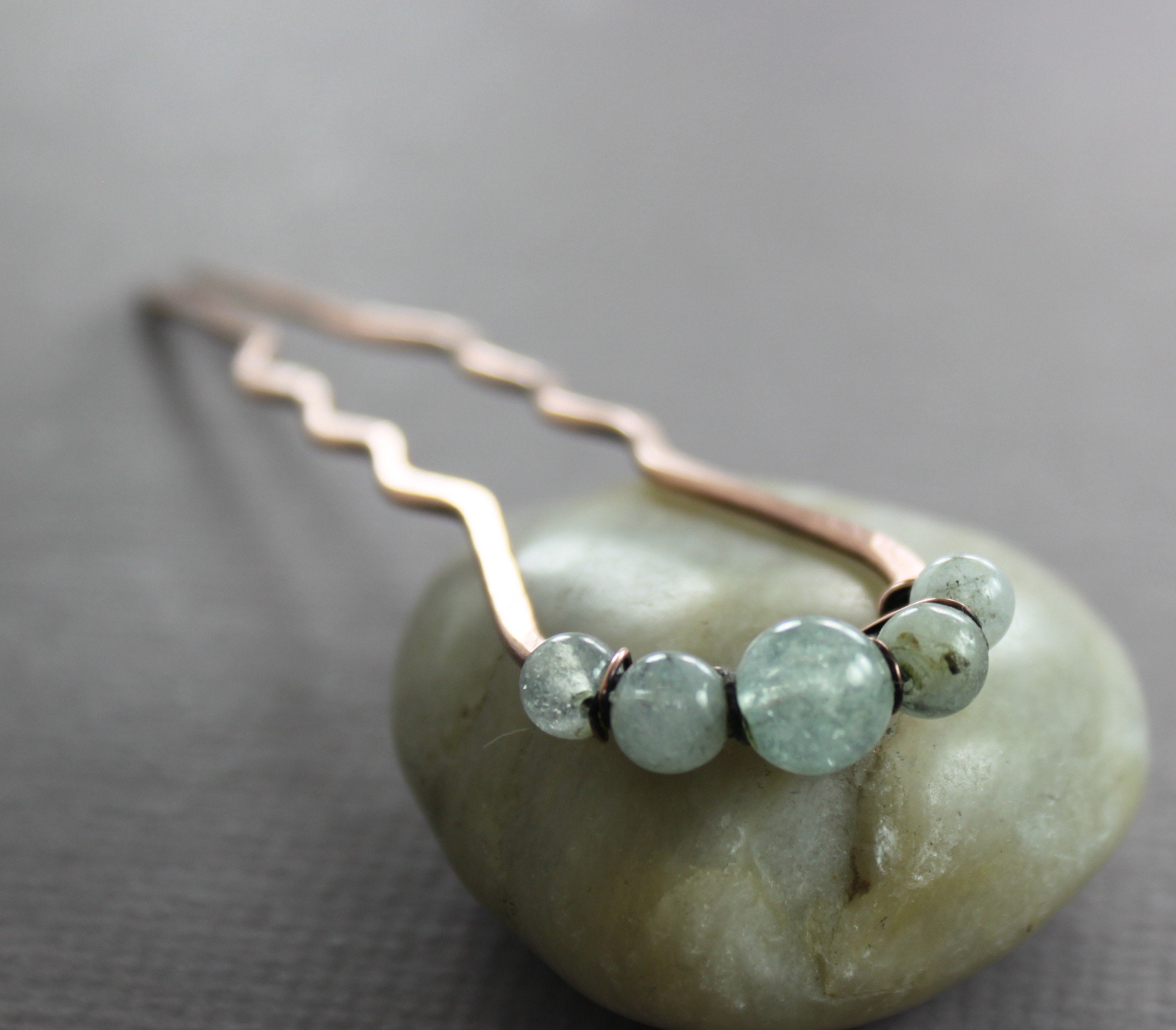 Aquamarine Hair Fork: Zigzag Copper Gemstone Hair Pin