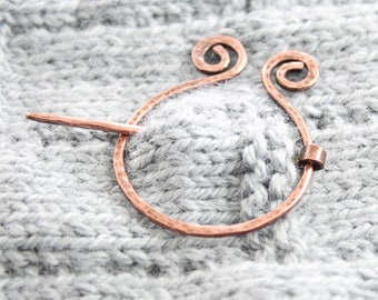 Penannular metal shawl pin, Copper shawl pin, Cardigan clasp, Viking pin, Knitting accessory, Circle pin, Copper brooch, Simple shawl pin