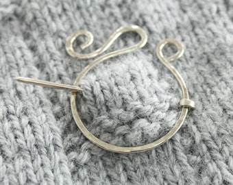 Penannular silver shawl pin, Clock shawl pin, Cardigan clasp, Viking pin, Knitting accessory, Circle pin, Silver brooch, Simple shawl pin