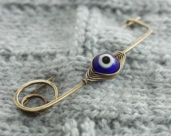 Antique Brass Evil Eye Safety Pin: Protection Amulet, Cardigan Clip