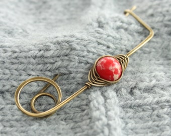 Antqie brass shawl pin with red jasper stone, Safety pin, Jasper pin, Minimalist pin, Brass pin, Cardigan clip, Cape clip, Simple pin