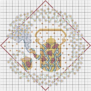 May include: Cross stitch pattern featuring a teapot with flowers and a cup, surrounded by a wreath of white flowers on a white background.