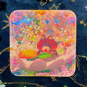 Sticker carré Cottagecore holographique jolie fleur de coccinelle magique