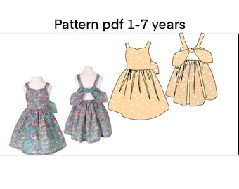 Patrón de costura en PDF para vestido de niña: Lazo en la espalda, tallas 1-7 años (A4)