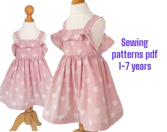 Patrón de costura de vestido para niñas (PDF) - Tallas 1-7 años