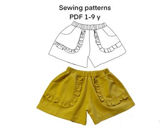 Patrón de costura para pantalones cortos con volantes para niña: tallas 1 a 9 años (patrón en PDF)