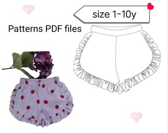 Patrón de costura para pantalones cortos con volantes: Niñas de 1 a 10 años (Patrón PDF)