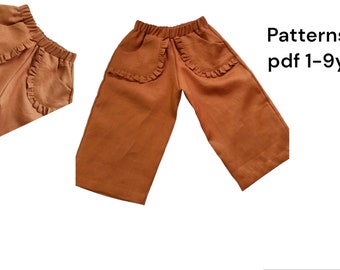 Patrón de costura de pantalones con volantes, Pantalones elegantes para niña, Tallas de 1 a 9 años, Moda DIY