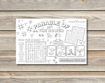 May include: A black and white printable worksheet with a word search puzzle, a maze, and illustrations of a farmer, a seed, a sun, and a plant. The title of the worksheet is "Parable of the Sower" and the text "Matthew 13:1-23" is at the bottom of the page.
