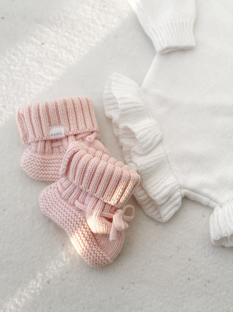 Peony knitted baby booties and bow topknot set, Baby booties, Baby bow headband, Knitted headband, Baby accessories, image 2