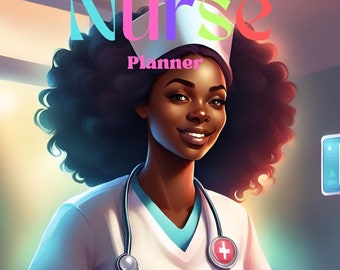 Könnte beinhalten: Ein Studenten-Krankenpflege-Planer-Cover mit einer lächelnden schwarzen Frau in einer weißen Krankenschwesteruniform mit einem Stethoskop und einer roten Kreuznadel. Der Text "STUDENT NURSE PLANNER" ist in bunten Buchstaben.