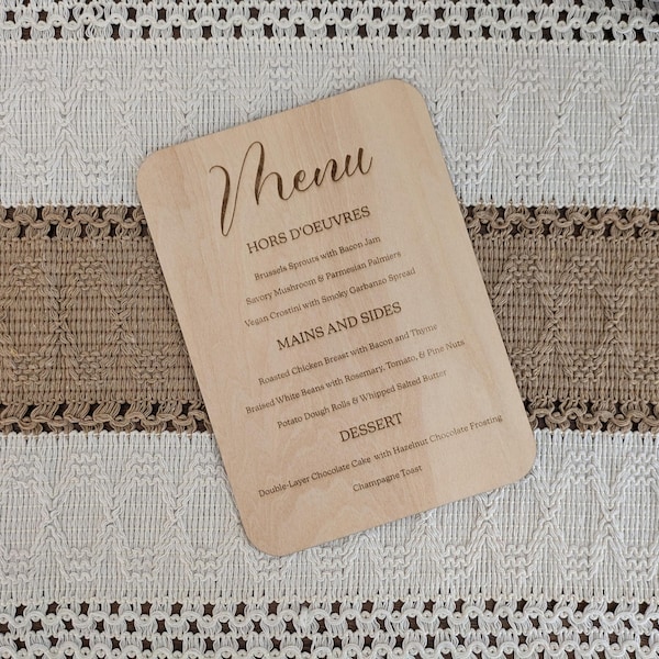 Custom Engraved Wood Menu Sign, Wedding or Bar Menu Board, Laser-Cut Basswood