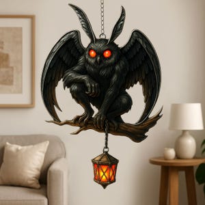 May include: A black, winged creature with glowing red eyes perches on a wooden branch. The creature has large ears and is holding a lantern with an orange glow. The lantern is suspended by a chain. The artwork is a decorative hanging piece.