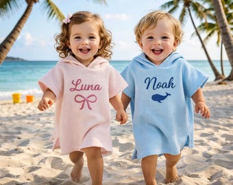 Toalla de playa y baño para niños pequeños con nombre personalizado, toalla con capucha bordada personalizada para bebé, regalo de verano.