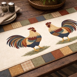Rooster and Chicken Table Runner, Farmhouse Quilt Fabric, Country Kitchen Decor
