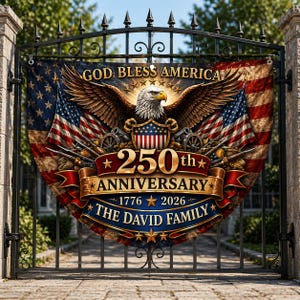 以下が含まれることがあります： 「GOD BLESS AMERICA」と「250th ANNIVERSARY 1776-2026 THE DAVID FAMILY」の文字が入ったバナーが、黒い鍛鉄の門に表示されています。バナーには、アメリカ国旗のデザイン、ワシ、大砲が描かれています。
