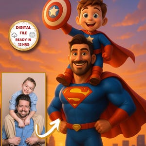 Benutzerdefinierte Super Dad und Kinder Cartoon Portrait, Superheld Karikatur, Super Dad Karikatur, Super Dad Portrait, Papas Geschenk, Vatertagsgeschenk