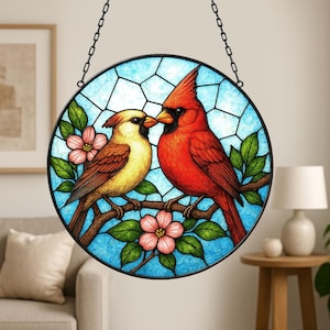 Kardinal Paar Suncatcher, Kardinal Acryl Fensterbehang, Kardinal Liebhaber Geschenk, Kardinal Vogel Ornament Dekor, Gedenk Suncatcher, Wohnkultur