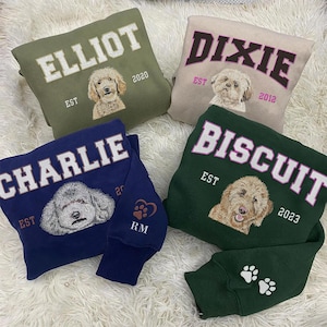 Custom Embroidered Pet Sweatshirt with Pet Photo and Name, Custom Embroidered Dog Hoodie, Embroidered Pet Portrait, Gift for Dog Dad Mom