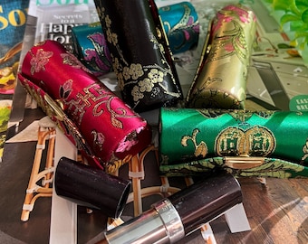 Single Silk Brocade Lipstick Case with Mirror | Elegant Travel Makeup Holder