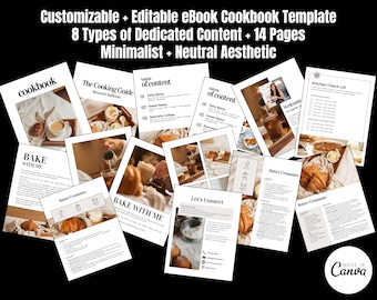 Modello di ricettario per eBook modificabile e personalizzabile / 8 sezioni / 14 pagine / Estetica neutra minimalista / Modello Canva per eBook / Ricette per eBook