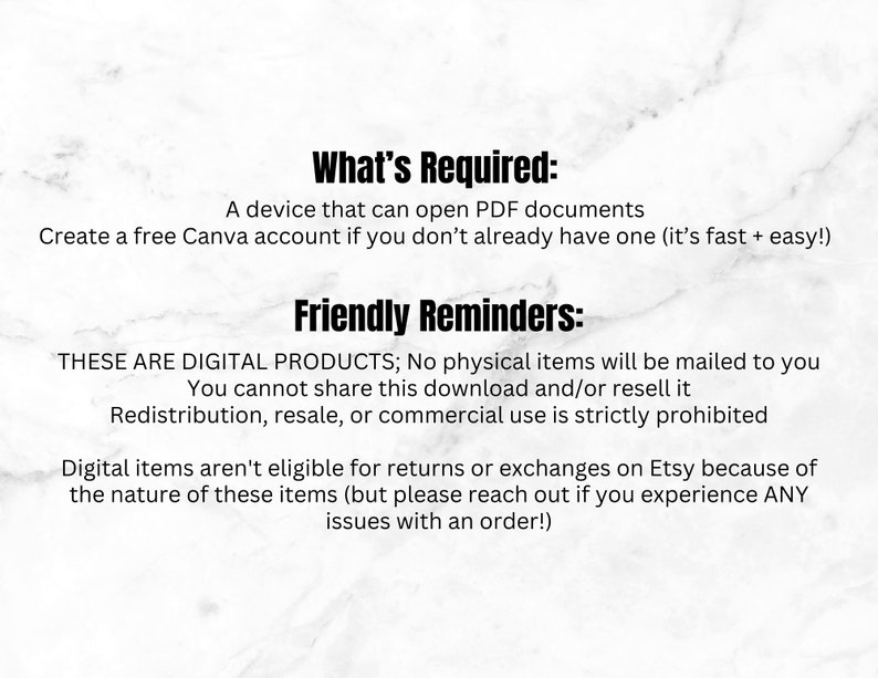 Pu&ograve; includere: Testo su uno sfondo bianco con il titolo "What's Required:" e un elenco di requisiti per l'utilizzo di prodotti digitali. Il testo include anche il titolo "Friendly Reminders:" e un elenco di promemoria sui prodotti digitali.