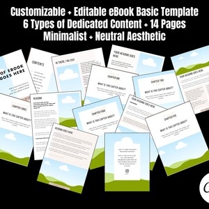 Pu&ograve; includere: Un modello di eBook personalizzabile con un'estetica minimalista e neutra. Il modello include 14 pagine con 6 tipi di contenuti dedicati. Le pagine presentano un cielo blu con nuvole bianche e colline verdi. Il testo sulle pagine include "Titolo dell'eBook qui", "Contenuto", "Ciao, sono Lisa", "Il tuo titolo qui", "Capitolo uno", "Di cosa tratta questo capitolo?", "Capitolo due", "Di cosa tratta questo capitolo?", "Capitolo tre", "Di cosa tratta questo capitolo?", "Titolo", "Capitolo quattro", "Di cosa tratta questo capitolo?", "Il tuo titolo qui", "Capitolo cinque", "Di cosa tratta questo capitolo?", "Creato con Canva".
