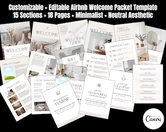Modello pacchetto di benvenuto Airbnb modificabile e personalizzabile / 15 sezioni / 18 pagine / Estetica neutra minimalista / Modello Canva / Guida eBook