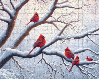 Cardinals in the Snow Jigsaw Puzzle, Winter Puzzle, Red Cardinal (30, 110, 252, 500,1000-Piece)