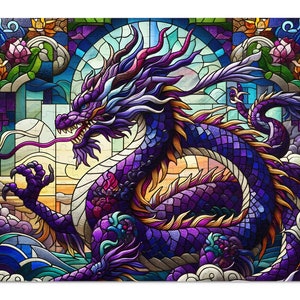 Purple Dragon Stained Glass Jigsaw Puzzle, Fantasy (30, 110, 252, 500,1000-Piece)