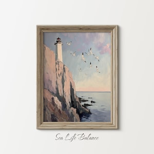 Printable Lighthouse Seascape Oil Painting Wall Art | Coastal Landscape Digital Download Poster