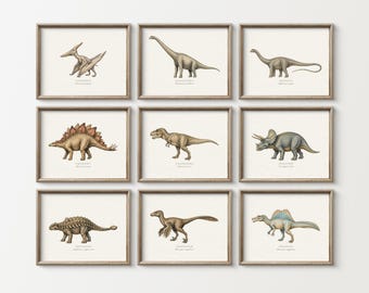 Conjunto de Arte de Parede com Dinossauros Vintage, Impressões Educativas para Galeria de Quarto Infantil (Download Digital)