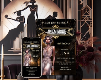 Può includere: Un invito nero e dorato con il testo "Harlem Nights Birthday Honoring Lena" e dettagli per una festa il venerdì 16 febbraio 2024 al The Hillson Sky Lounge a Park Square, NY. RSVP ad Anna al 0987 456 7423.