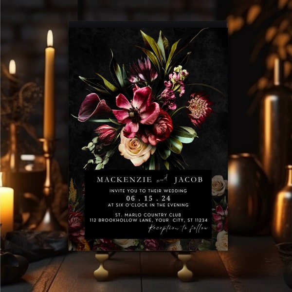 Dark Floral Wedding Invitation: Moody Victorian Invite (Printable Template)