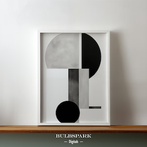 Op de afbeelding: Een zwart-witte abstracte geometrische kunstprint met een witte lijst. De print bevat een cirkel, een halve cirkel en rechthoeken.