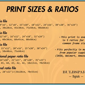 Puede incluir: Un gr&aacute;fico con fondo amarillo y texto negro enumera diferentes tama&ntilde;os de impresi&oacute;n y proporciones para impresiones digitales. El gr&aacute;fico incluye medidas en pulgadas y cent&iacute;metros. El texto en la parte inferior del gr&aacute;fico dice "BULBSPARK - Digitals - "
